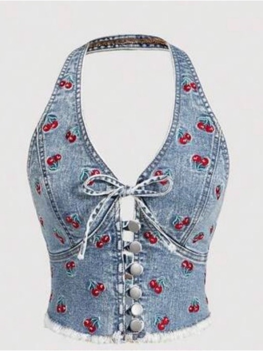 SHEIN Blue Denim Cherry Halter Crop Top